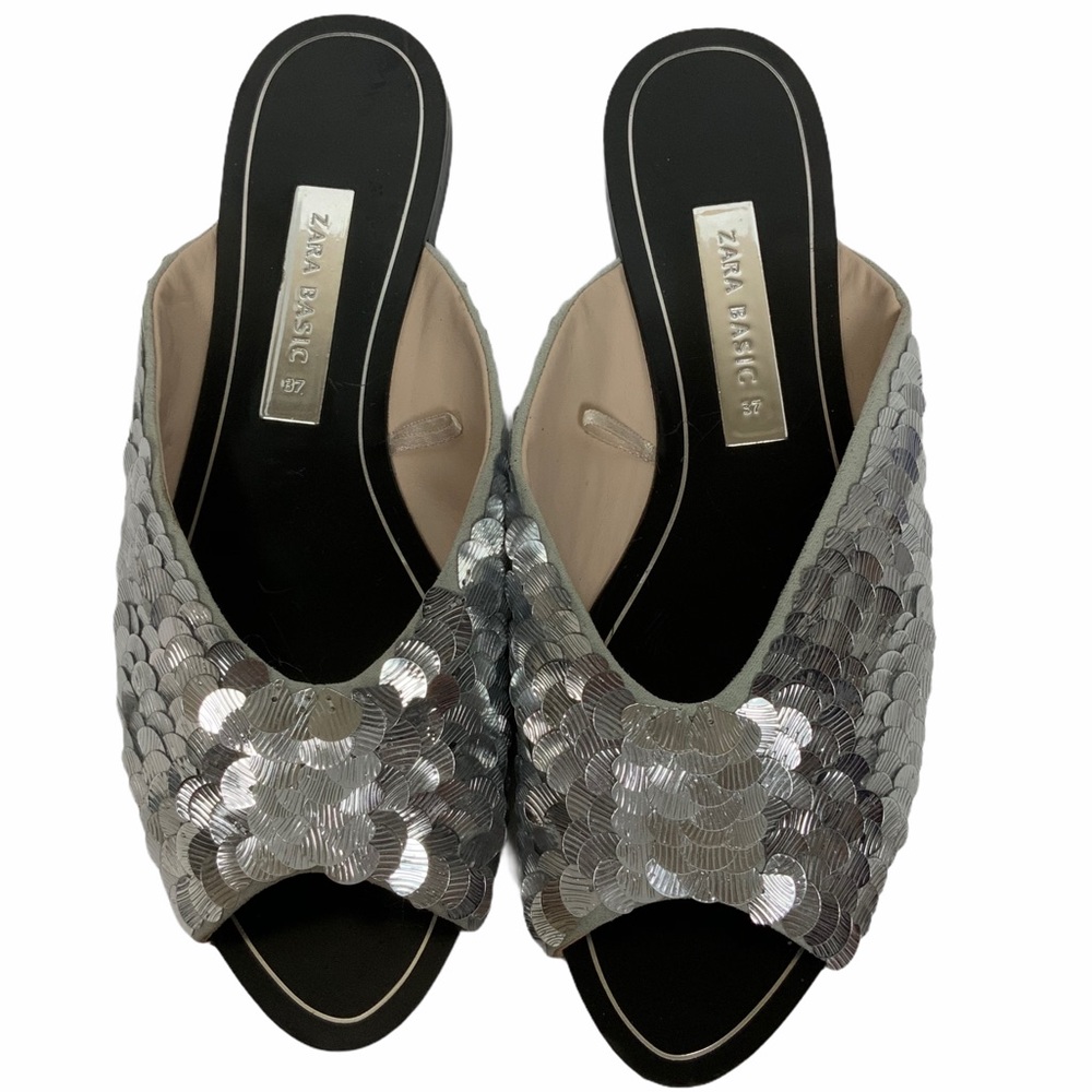 Zara Basic Open Toe Sequin Slides Silver 37 US 6.5